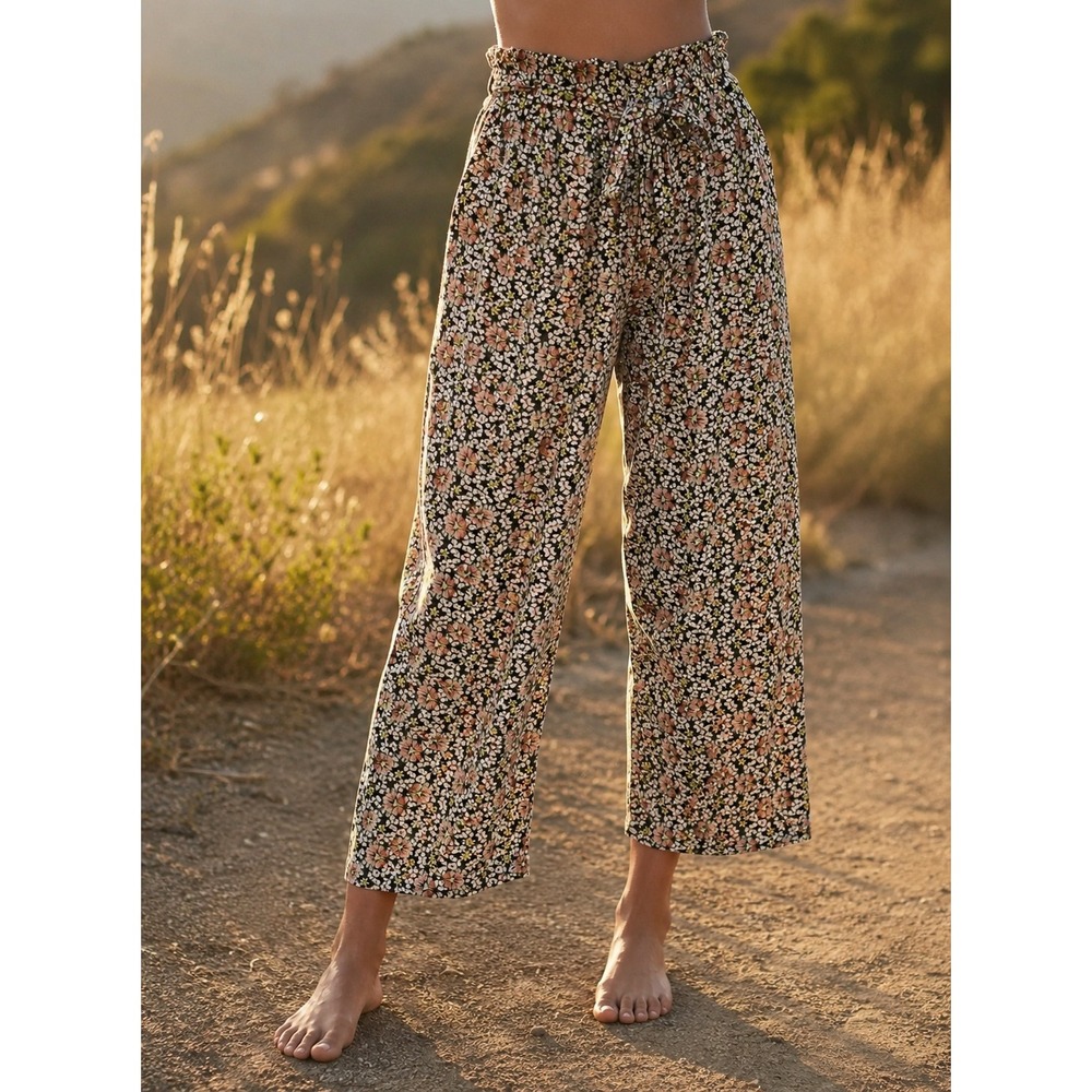 Max Studio Crepe Wide Leg High Waisted Pants Cropped Boho Flowy Loose Fit Earthy